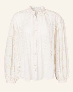 Introducing the Valley Lily Blouse: A stunning white lace blouse adorned with a delicate embroidered pattern, featuring a ruffled high collar and long puffed sleeves. Alix Of Bohemia, Poet Blouse, The Poet, Ruffled Collar, Modern Bohemian, Mother Of Pearl Buttons, Collar And Cuff, Lace Blouse, Cotton Lace