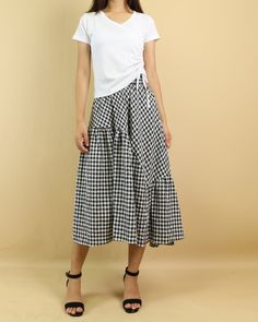 Plaid skirt, elastic waist skirt, high waist skirt, midi skirt, flared skirt, checkered skirt(Q1060) Casual Gingham Gathered Skirt, Gingham Tiered Skirt With Lining, Gingham Ruffled Tiered Skirt, Spring Gingham Gathered Skirt, Plaid Cotton Flared Skirt, Cotton Plaid Flared Skirt, Chic Plaid Midi Skirt, Chic Gingham Tiered Skirt, Plaid Gathered Skirt For Summer