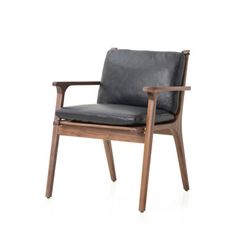 a wooden chair with black leather upholstered on the back and armrests