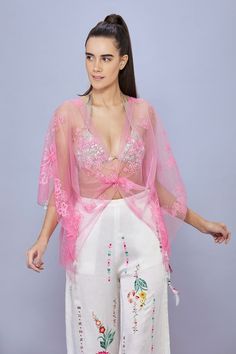 Pop pink net kaftan with gold floral and thread embroidery. - Aza Fashions Spring Party Kaftan With Kimono Sleeves, Evening Kaftan With Floral Embroidery, Bollywood Style Organza Summer Dress, Summer Bollywood Style Organza Dress, Summer Bollywood Organza Dress, V-neck Kaftan For Party And Festivals, Elegant Summer Festive Kimono, Spring V-neck Kaftan With Chikankari Embroidery, Pink Kaftan For Spring Evening