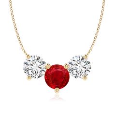 This three stone necklace with glimmering white diamonds and a bold red ruby will beautifully represent your undying love and commitment. Secured in 18k yellow gold prong settings, the gemstones appear to be floating on the chain. The arrangement looks spectacular and perfectly symbolises the past, present and the future. Ruby And Diamond Necklace, Undying Love, Ruby Pendant, Ruby Necklace, Red Ruby, White Diamonds, Three Stone, Stone Necklace, Diamond White