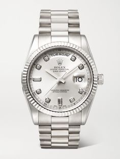 First commissioned in 1956, Rolex's 'Day-Date' earned the name of the 'Presidents' watch as an homage to the prestigious figures who have worn it. This 2002 watch from Stephanie Windsor's collection is crafted from 18-karat white gold and has a sunray brushed dial with both day and date windows. Brilliant- and baguette-cut diamond indices add a little sparkle. It comes in excellent condition. White Gold Watch, Rose Watch, Rolex Vintage, Rolex Women, Latest Watches, Rose Gold Watches, Rolex Watch, Vintage Rolex, Baguette Cut Diamond