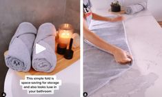 two pictures one with towels and the other with candles on it, both showing someone's feet