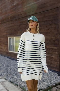 This dress really has a way, we love the classic stripes and henely collar, perfect for any occasion. The long sleeves make it easy to wear from Fall to Spring! functional buttons raglan sleeves // paired with the la baseball cap in darkseagreen La Baseball Cap, Clogs Heels, Invert Colors, Mom Accessories, Nursing Friendly, Sneaker Heels, Swim Dress, Shades Of Grey, Mommy And Me