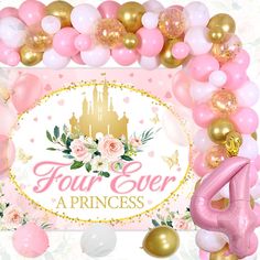 a pink and gold princess birthday party with balloons, streamers and confetti