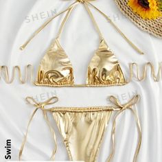 Brand New Shein Bikini. Never Been Worn. Gold Beachwear Swimwear For Spring, Gold Tie-side Bottom Swimwear For Swimming, Gold Halter Neck Swimwear For Party, Gold Triangle Top Swimwear For Sunbathing, Gold Summer Swimwear For Swimming, Gold Summer Swimwear, Gold Fitted Swimwear For Sunbathing, Gold Swimwear For Beach In Spring, Fitted Gold Swimwear With Triangle Top