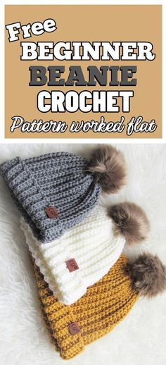 a knitted beanie with two pom poms on top and the text free beginner crochet pattern written below