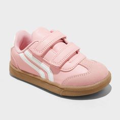 Add some throwback vibes to your little one's shoe wardrobe with these Dakota Retro Court Sneakers from Cat & Jack™. These closed-toe sneakers boast a faux-leather upper, round toe, and soft polyester mesh fabric insole and lining. Enhanced with a double-strap front with hook-and-loop fastening, the shoes lend an adjustable fit to keep your toddler comfortable all day. Cat & Jack™: Designed for all children so you can trust it's made for yours. Pink Shoes Kids, Sporty Slip-resistant Sneakers For Playtime, Sporty Slip-resistant Closed Toe Sneakers, Casual Pink Slip-resistant Sneakers, School Sneakers Scratch-resistant Synthetic, Casual Scratch-resistant Skate Shoes For Streetwear, Casual Scratch-resistant Lace-up Skate Shoes, Casual High-top Scratch-resistant Skate Shoes, Slip-resistant Round Toe Sneakers For Playtime