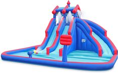 an inflatable water slide that is blue and red