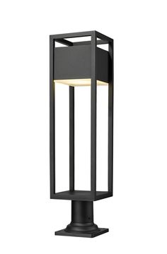 a black post light with a white light on it's top and bottom corner