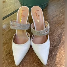 Perfect Satin Wedding Mule W/ 4.2 Inch Heel Glamorous White Wedding Shoes With 4-inch Heel, White Wedding Shoes With Heel Strap For Bridal Shower, White Almond Toe Heels For Bridal Shower, Wedding Shoes With 4-inch Heel For Bridal Shower, White Almond Toe Wedding Shoes For Bridal Shower, Glamorous White Heels For Prom, White Almond Toe Heels For Prom, White Wedding Shoes With 4-inch Heels For Party, Glamorous White Ankle Strap Wedding Shoes