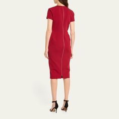 Victoria Beckham t-shirt fitted dress Round neckline Short sleeves Sheath silhouette Midi length Two-way back zip Triacetate/polyester Dry clean Made in Portugal Short Sleeve Elastane Bodycon Dress For Evening, Bodycon Midi Dress With Side Zipper, Fitted Knee-length Midi Dress With Zipper Closure, Bodycon Midi Dress With Back Zipper For Work, Chic Short Sleeve Dress With Zipper Closure, Victoria Beckham Dress, Burgundy Midi Dress, Fitted Midi Dress, Victoria Beckham