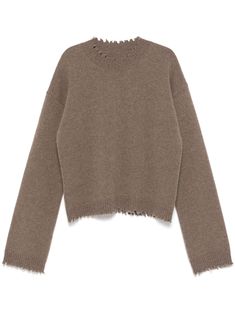 olive brown cashmere knitted construction distressed finish raw-cut finish crew neck drop shoulder long sleeves ribbed cuffs and hem Distressed Crew Neck Sweater For Fall, Fall Distressed Crew Neck Sweater, Distressed Sweater, Distressed Sweaters, Cashmere Color, Top Clothing, Wardrobe Edit, Yoko London, Sleeves Top