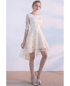 Shop Unique Lace Light Champagne High Low Short Party Dress with Half Sleeves free shipping online. Custom-made your size or color. Pro since 2009. Prom Dresses Unique, Hamilton Wedding, Delicate Gown, Party Outfits Night, Dresses Unique, Modest Bridesmaid Dresses, Short Party Dress, Unique Prom Dresses, Bridesmaid Dresses Prom