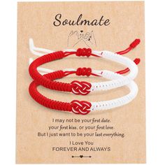 PRICES MAY VARY. 💟◤RED STRING COUPLE BRACELETS◢——Concentric knot element design, 2 bracelets matched to form a pair. Symbolizes happiness, luck and protection. It is the most meaningful Valentine's gift. 💟◤COUPLE GIFTS◢——A variety of colors to choose from, paired with "Soulmate" text blessing cards. You can give it to yourself, your boyfriend, your girlfriend, your wife, your husband, your good friends, your parents on Valentine's Day, Christmas, birthdays, and anniversaries. 💟◤GOOD WISHED IM Couple Boyfriend, Beautiful Meaning, Element Design, Red String, Knot Design, White Bracelets, Couple Bracelets, I Love You Forever, Valentine's Gift