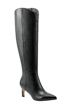 Elevate any ensemble with this impeccable over-the-knee boot fashioned with a stiletto heel and pointy toe. 2 1/4" heel 17" shaft; 14" calf circumference Inset side-zip closure Leather upper/textile and synthetic lining/synthetic sole Imported Formal Fitted Knee-high Boots, Sleek Wide Calf High Shaft Knee-high Boots, Elegant Wide Calf Knee-high Boots With Stacked Heel, Fitted Knee-high Boots With Reinforced Heel, Tall Sleek Knee-high Boots For Evening, Fitted Tall Black Knee-high Boots, Sleek Fitted Knee-high Boots, Classic Black Knee-high Boots With High Shaft, Evening Knee-high Boots With Wide Calf And Reinforced Heel