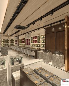 the interior of a restaurant with tables, chairs and trays of donuts on display