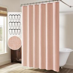 a pink shower curtain in a bathroom next to a bathtub and window with curtains