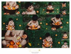 a baby sitting in a bucket with oranges on it's lap and eating them