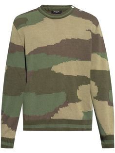 green cotton camouflage pattern intarsia knit crew neck side press-stud fastening long sleeves ribbed cuffs and hem Cotton Jumper, Versace Outfit, Tom Dixon, Balenciaga Triple S, Knitwear Men, Custom Watch, Summer Beach Wear, Nike Air Max 97, Sweaters Knitwear