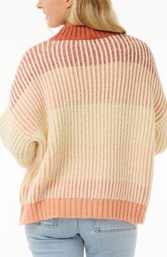 Muted hues dapple a cozy ribbed sweater knit from a wool-kissed blend in a relaxed silhouette. Crewneck Long sleeves Ribbed cuffs and hem 41% acrylic, 41% polyester, 9% wool, 9% polyamide Machine wash, dry flat Imported Cozy Striped Sweater For Fall, Casual Ribbed Turtleneck Cardigan, Ribbed Turtleneck Cardigan For Spring, Cozy Ribbed Turtleneck Cardigan, Ribbed Knit Cardigan For Cold Weather, Striped Ribbed Sweater For Winter, Striped Soft Knit Sweater For Fall, Fall Striped Soft Knit Sweater, Cold Weather Ribbed Knit Sweater