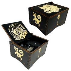 two black boxes with gold designs on the inside and outside, one has a camera in it