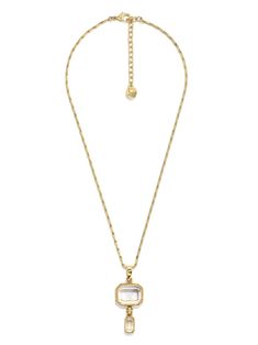 gold-tone 24kt gold plated natural rock crystal emerald cut gemstone pendant logo charm delicate chain lobster claw fastening polished finish Elegant Gold Plated Rectangular Pendant Necklace, Luxury Gold Rectangular Necklace, Luxury Gold-plated Necklace With Rectangular Pendant, Luxury Gold Plated Rectangular Pendant Necklace, Luxury Gold Plated Necklace With Rectangular Pendant, Gold Necklace With Detachable Square Pendant, Gold Necklaces With Rectangular Stone For Formal Occasions, Gold Crystal Necklace With Adjustable Chain For Formal Occasions, Gold Jewelry With Rectangular Stone For Formal Events