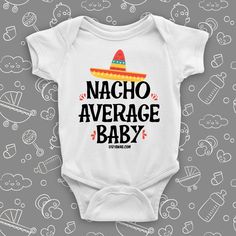 td {border: 1px solid #ccc;}br {mso-data-placement:same-cell;} Of course, you know your baby is not an average one, but if you want others to know it too, get this cool baby onesie right away. Cool babies are future Mexican food lovers, as a matter of fact, they love all the cuisines out there! Don't forget that the "Natcho Average Baby" onesie is a perfect gift for every occasion. Onesie is made of 100% Cotton. Interlocked fabric for stretch-ability. Ribbed and double stitched collar. High Qual White Onesie With Funny Print For Fun Style, Funny Graphic Print Onesie For Birthday, Funny Onesies For Boys, Funny Infant Onesies, Funny Text Onesie, Taco Onesie, Funny Onies Baby Shower Gifts, Baby Clothes Funny, Baby Swag