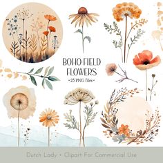 the boho field flowers clipart set includes watercolor flowers, leaves and branches