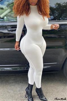 Olivia Mark - White Long Sleeve Jumpsuit with Solid Fabric - Fashionable Style for Your Wardrobe White Long Sleeve Jumpsuit, Women Long Sleeve Jumpsuit, Long Sleeve Jumpsuits, Jumpsuit Casual, Solid Jumpsuit, Solid Color Jumpsuits, Clothes Casual, Turtleneck Long Sleeve, Jumpsuits And Romper