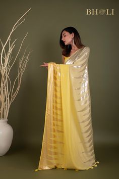 Party Sequin saree on Pure Georgette Diwali Party Pre-draped Tissue Silk Saree, Party Pre-draped Saree With Mirror Work In Art Silk, Pre-draped Tissue Silk Saree With Dupatta For Party, Yellow Bollywood Pre-draped Saree, Pre-draped Saree With Pallu For Evening Festivals, Pre-draped Saree With Dupatta For Navratri Party, Pre-draped Silk Saree With Pallu For Party, Evening Tissue Silk Dupatta With Pallu, Silk Pre-draped Saree With Zari Work For Party