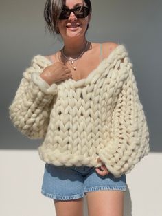 Oversize Chunky Sweater,100% Wool Sweater, V Neck Sweater, Hand Knit Sweater, Oversized Jumper Oversized Chunky Knit Sweater With Batwing Sleeve, Oversized Knitted Sweater With Batwing Sleeves, Slouchy Chunky Knit Cropped Sweater For Fall, Oversized White Chunky Knit Sweater, Slouchy White Winter Sweater, White Slouchy Winter Sweater, Oversized Cozy Sweater With Batwing Sleeves, White Slouchy Long Sleeve Sweater, Cozy Slouchy Sweater With Batwing Sleeves