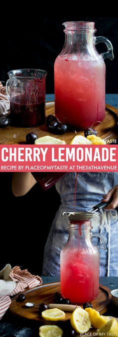 the cover of cherry lemonade is shown in front of a pitcher and plate with sliced lemons on it