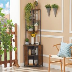 a corner shelf with potted plants on it in front of a wall mounted planter