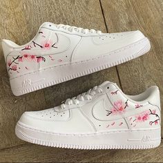 Cherry blossom flowers hand painted on a all white AF1. Painted with water resistant and non cracking leather paint. Custom Shoes Flower, Custom Nike Baby, Cherry Blossom Air Force 1, Painted Air Force 1 Flowers, Air Force One Shoes Custom, Nike Air Force 1 Flowers, Flower Air Force 1, White Sneaker Painting Ideas, Personalised Air Force 1