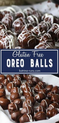 chocolate covered oreo balls with white icing on top and text overlay that reads gluten free oreo balls