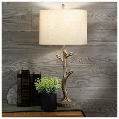 a lamp that is on top of a table next to some books and a plant