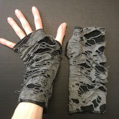 Bundle & Save On Shipping! Gray Mummy Gloves Mens Hand Covers Bandage Arm Covers Black Zombie Ripped Biker Great For Men Or Women! Handmade In The Usa By Me! Short Gray Holey/Ripped Short Fingerless Gloves. The Gray Shredded Material Is Layered Over A Soft Black Knit Material. Great For Cosplays, Halloween Costumes And Gothic/Alternative Outfits! I Also Make A Longer Version Of These, Matching Leg Warmers And These In A Cream White Color! Arm Warmers Are Great For Keeping You Warm Inside And Out Arm Warmers Outfit Men, Dystopian Fashion Men, Leg Warmers Outfit Men, Zombiecore Aesthetic Outfits, Zombie Apocalypse Outfits Male, Diy Arm Warmers, Halloween Zombie Costumes, Leg Warmers Men, Zombie Accessories