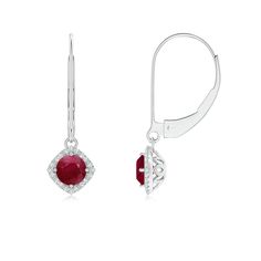 The round purplish red ruby is prong set within a sideways cushion halo of brilliant diamonds. Linked to leverback closures, these 14k white gold ruby halo earrings exhibit an elegant drop design. The filigree on the back of these earrings exudes a romantic vintage-inspired vibe. Vintage Inspired Earrings, Cushion Halo, Halo Earrings, Drop Design, Ruby Earrings, Red Ruby, Fine Jewellery Earrings, Brilliant Diamond, Vintage Earrings