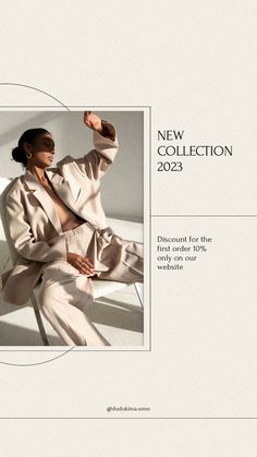 a woman sitting on top of a white couch wearing a suit and tie with the words new collection 2012 written below her