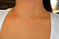 silver side-star choker / silver star choker / star of david necklace / star of david choker/ star c Dainty Star Of David Jewelry With Adjustable Chain, Adjustable Minimalist Star Jewelry, Minimalist Star Of David Jewelry With Delicate Chain, Minimalist Silver Star Of David Jewelry, Adjustable Silver Choker With Star Charm, Adjustable Silver Star Choker, Star Choker, Star Of David Necklace, Choker Silver