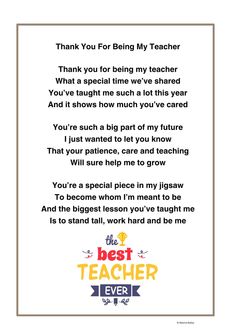 a teacher appreciation card with the words thank you for being my teacher, and an image of