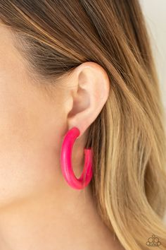 Painted in a flamboyant Pink Peacock finish, a thick wood hoop curls around the ear for a flirtatiously colorful look. Earring attaches to a standard post fitting. Hoop measures approximately 2" in diameter.

 Sold as one pair of hoop earrings. Paparazzi Jewelry Images, Wood Hoop Earrings, Paparazzi Accessories Jewelry, Pink Jewels, Pink Peacock, Wooden Hoop, Earrings Red, Fiery Red, Paparazzi Accessories