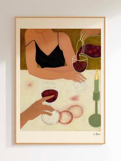 a painting on the wall with two people holding wine glasses and some food in front of them