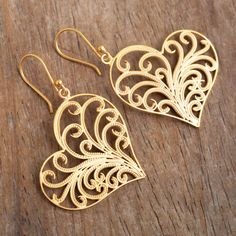 Heart-Shaped Gold-Plated Earrings - Flourishing Heart | NOVICA Filigree Hoop Earrings, Gift Suggestions, Filigree Earrings, Heartfelt Creations, Filigree Ring, Lovely Earrings, Romantic Gifts, Silver Filigree, Favorite Rings