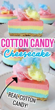 cotton candy cheesecake on a plate with the words real cotton candy written below it