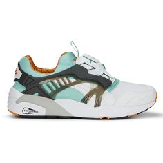 A 90s classic returns. The Puma Disc Blaze OG arrives with a summer-ready white/mint colorway, featuring a lycra and mesh upper with synthetic overlays. The CMEVA midsole provides extra comfort while the synthetic leather PUMA Formstrip on the lateral and medial sides add a retro aesthetic. $104.95 Technical Low-top Green Sneakers, Technical Green Sneakers For Sports, Green Dynamic Sneakers With Ventilation, Casual Green Sneakers With Ventilation, Green Sneakers For Light Sports With Vented Sides, Green Puma Sneakers For Jogging, White Technical Sneakers With Cushioned Footbed, Sporty Green Sneakers With Ventilation, White Cushioned Sneakers