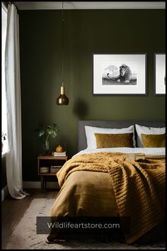 Olive Green Bedroom Ideas for Men With Framed Artwork Room Paint Ideas For Men, Moss Green And Black Bedroom, Dark Olive Walls Bedroom, Bedroom Decor For Green Walls, Green Colors For Bedrooms, Dark Olive Bedroom Walls, Olive Green Bedroom Paint, Olive Color Bedroom, Green Black Tan Bedroom