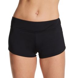 Get a little more coverage out of your swimwear with this mid-rise short swim bottom. Two-ply waistband provides secure fit. Microfiber knit provides long-lasting, comfortable wear. Center back seam keeps fit close. Turned and stitched hems. Mid-rise. Moderate rear coverage. Inner waist has fabric/care info tag. Fitted. Fully lined, with no additional lining at crotch. Leilani Women's Solids Beach Short Swim Bottom in Black | Plus Size 16 | HerRoom.com Casual Sports Tankini With Built-in Shorts, Casual Stretch Tankini For Swimming, Casual Black Swim Skirt For Pool, Casual Tankini With Built-in Shorts For Pool, Casual Solid Swim Skirt For Swimming, Solid Seamless Short Swimwear, Casual Short Tankini For Poolside, Casual Solid Color Swim Skirt For Swimming, Casual Short Length Tankini For Poolside