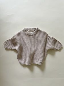 Chunky Knit Sweater - Oatmeal – Purely Little Comfortable Oversized Beige Sweater, Oversized Comfortable Beige Sweater, Casual Beige Sweater For Loungewear, Beige Comfortable Sweater, Cozy Beige Winter Tops, Cozy Beige Tops For Winter, Beige Cotton Sweater For Fall, Oversized Gray Sweater For Everyday, Beige Relaxed Fit Comfortable Sweater